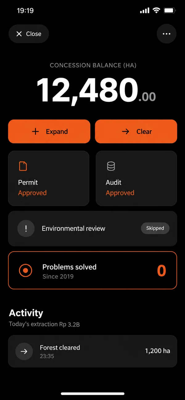 nyaw.it mobile app: concession balance 12,480 hectares, permit and audit approved, environmental review skipped.